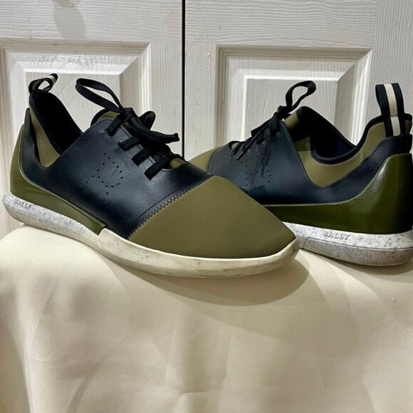 BALLY MADE IN ITALY SNEAKERS AESTHETIC GREEN OLIVE NEOPRENE BLACK LEATHER  SZ 13 - Picture 2 of 16